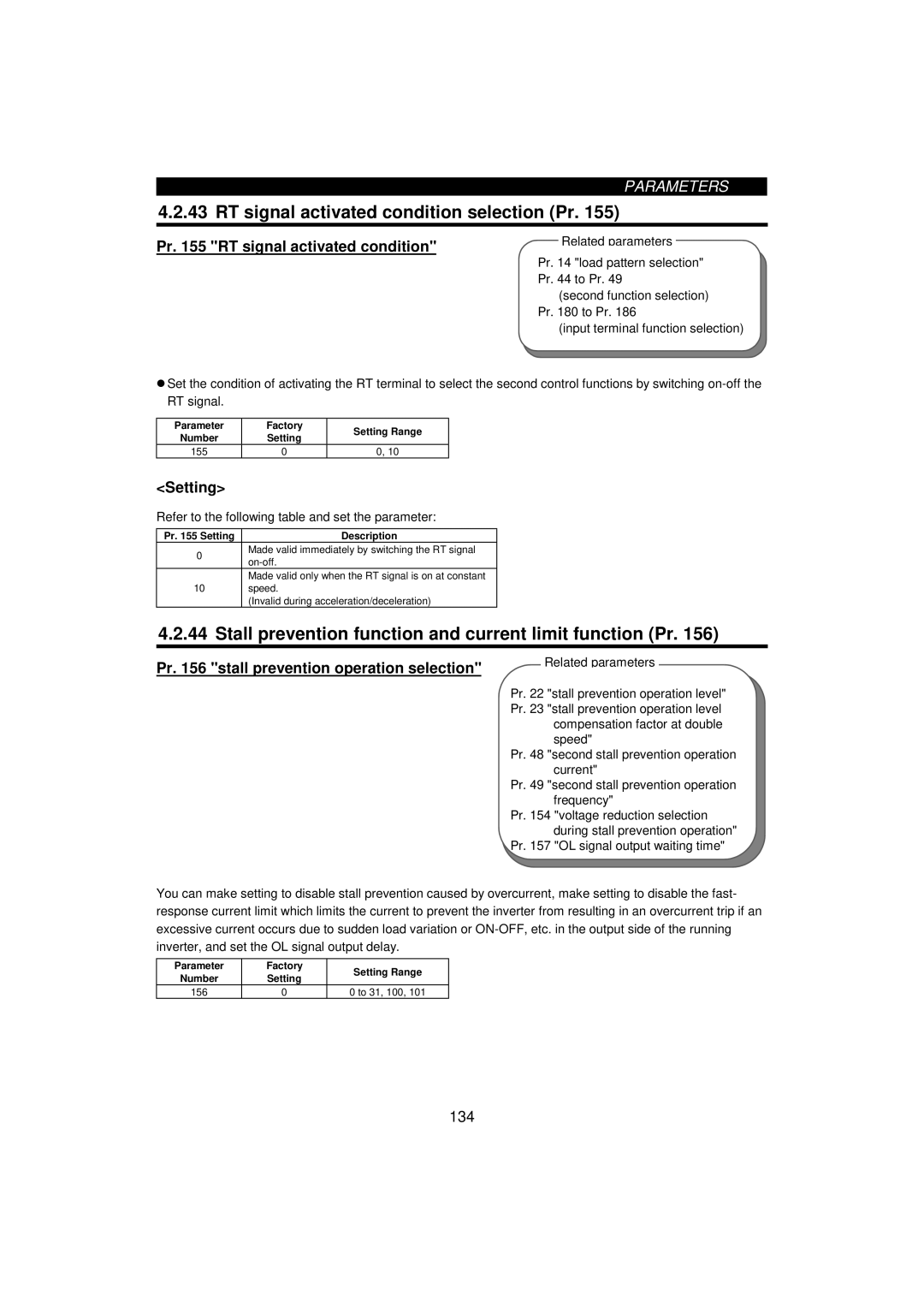 Mitsumi electronic FR-F520-0.75K, 55K RT signal activated condition selection Pr, Pr RT signal activated condition 