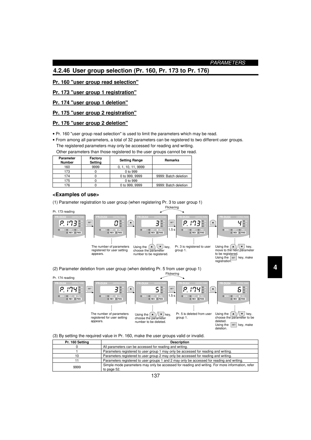 Mitsumi electronic 55K User group selection Pr , Pr to Pr, Examples of use, 160 9999 10, 11 173 174, Batch deletion 