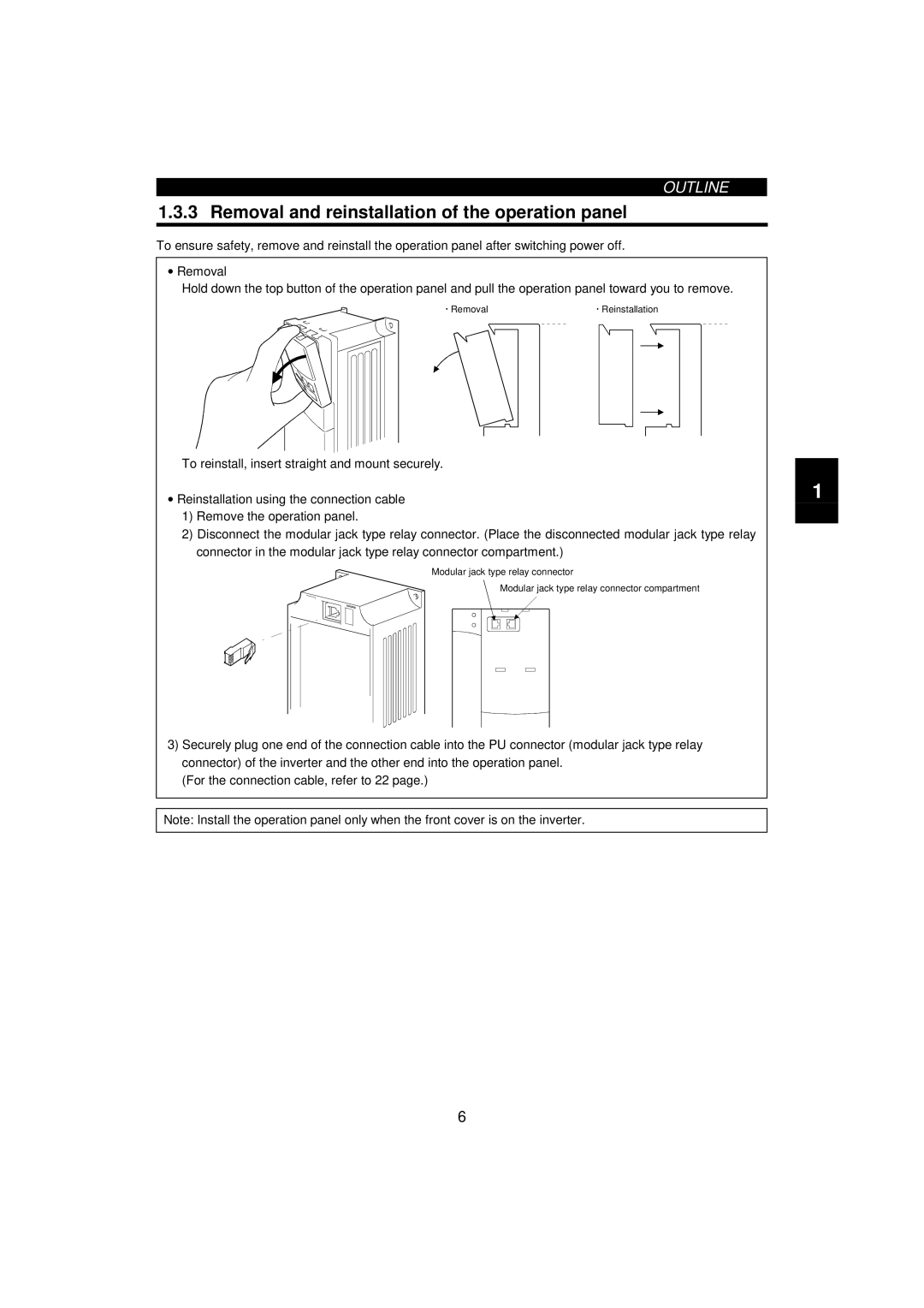 Mitsumi electronic 55K, FR-F520-0.75K instruction manual Removal and reinstallation of the operation panel 