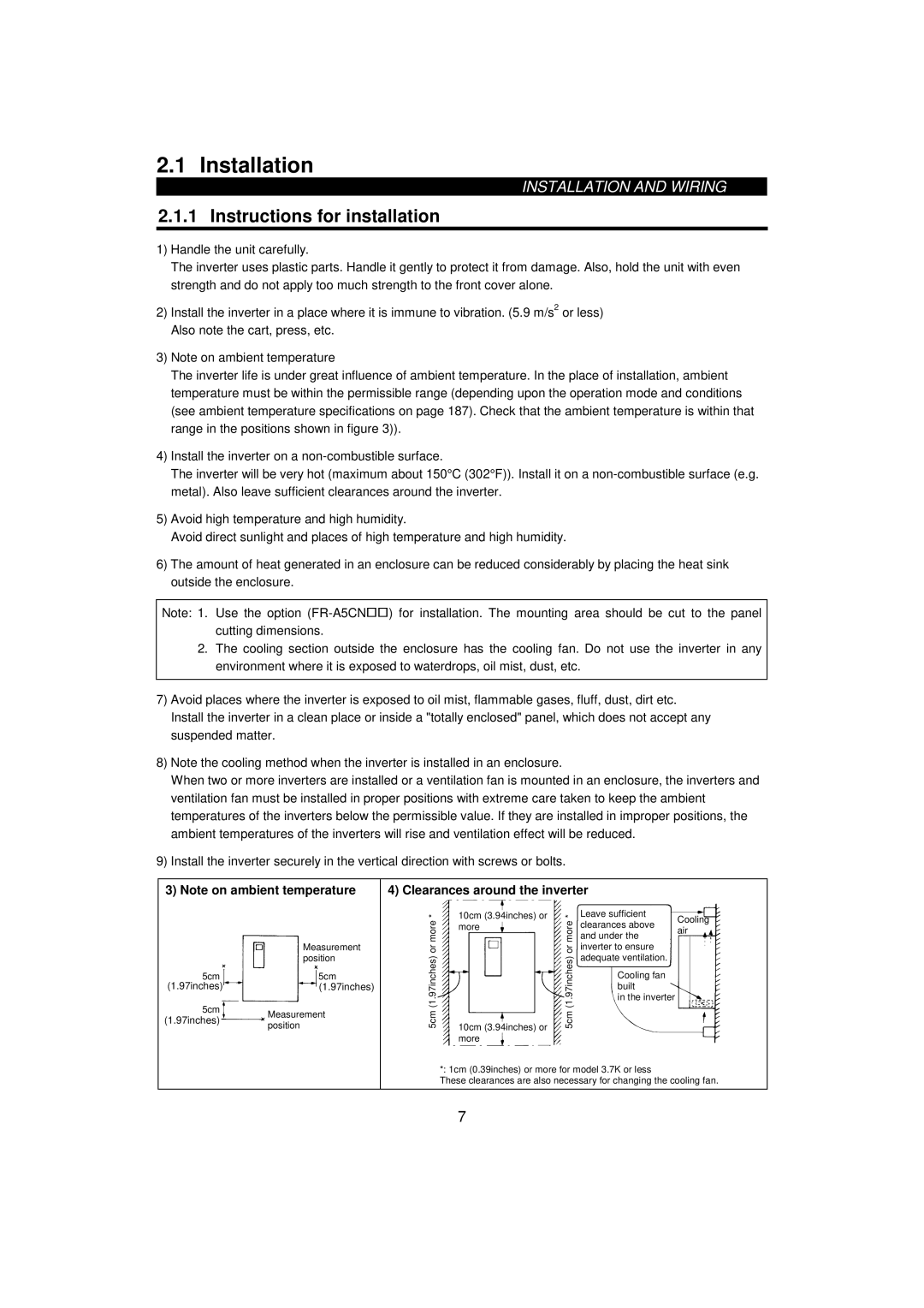 Mitsumi electronic 55K Installation, Instructions for installation, Clearances around the inverter, 97inches1.97inches 