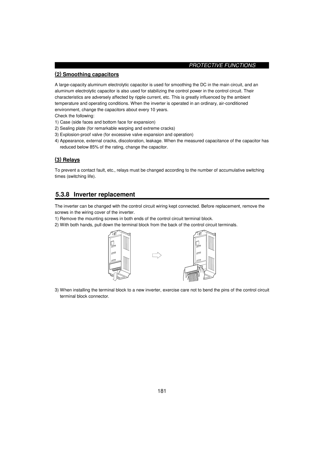 Mitsumi electronic FR-F520-0.75K, 55K instruction manual Inverter replacement, Smoothing capacitors, Relays 