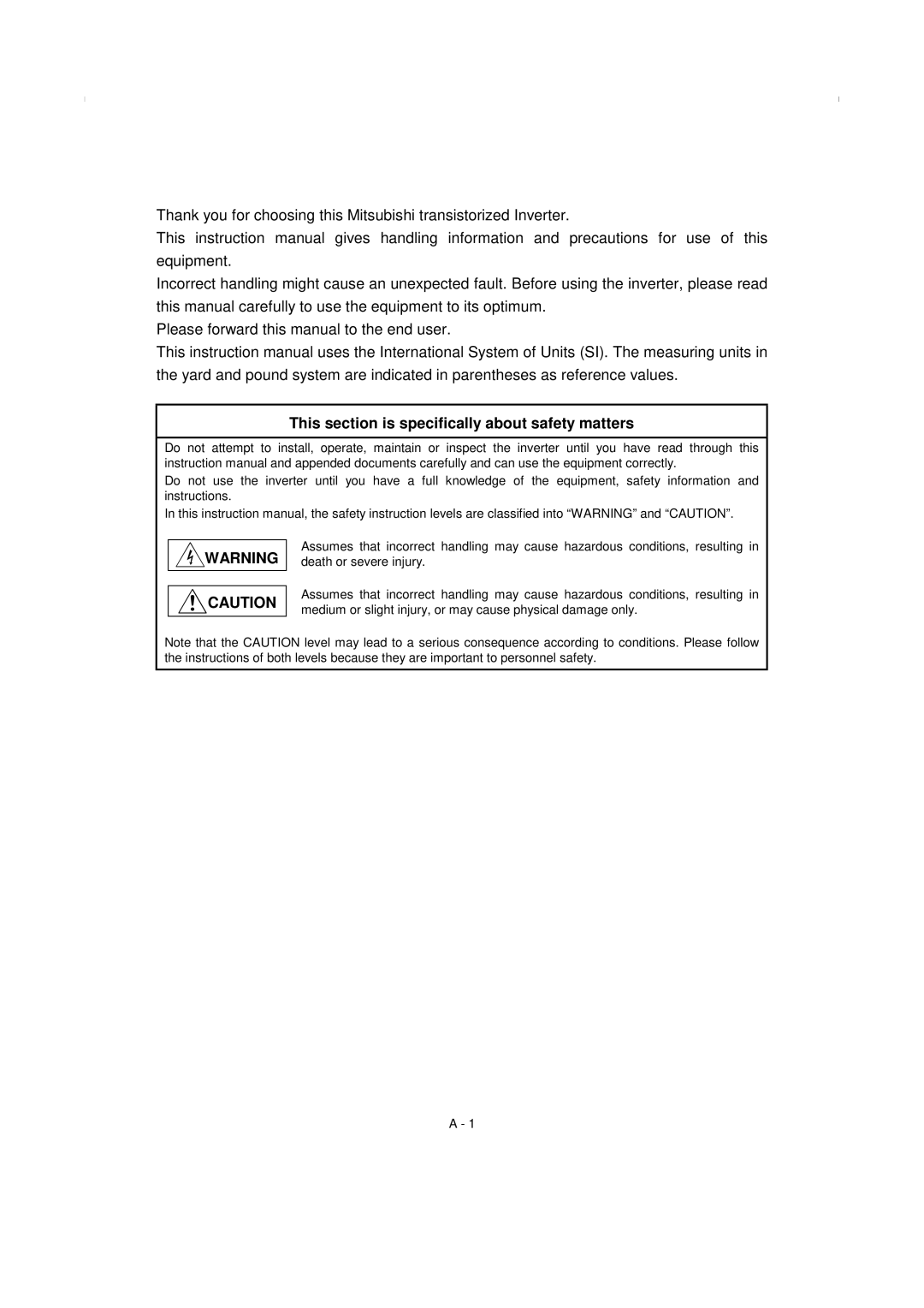 Mitsumi electronic 55K, FR-F520-0.75K instruction manual This section is specifically about safety matters 