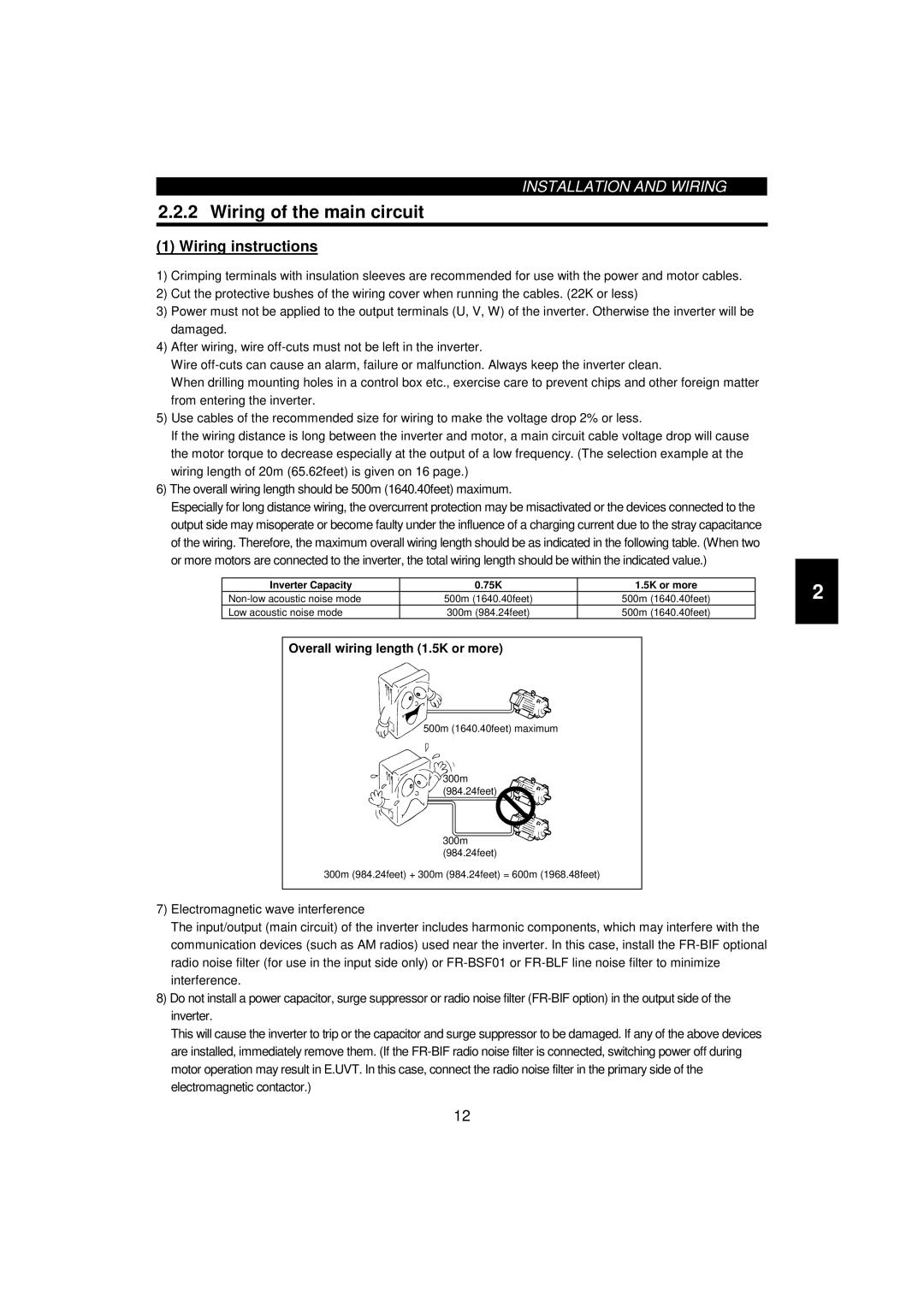 Mitsumi electronic FR-F520-0.75K, 55K Wiring of the main circuit, Wiring instructions, Overall wiring length 1.5K or more 