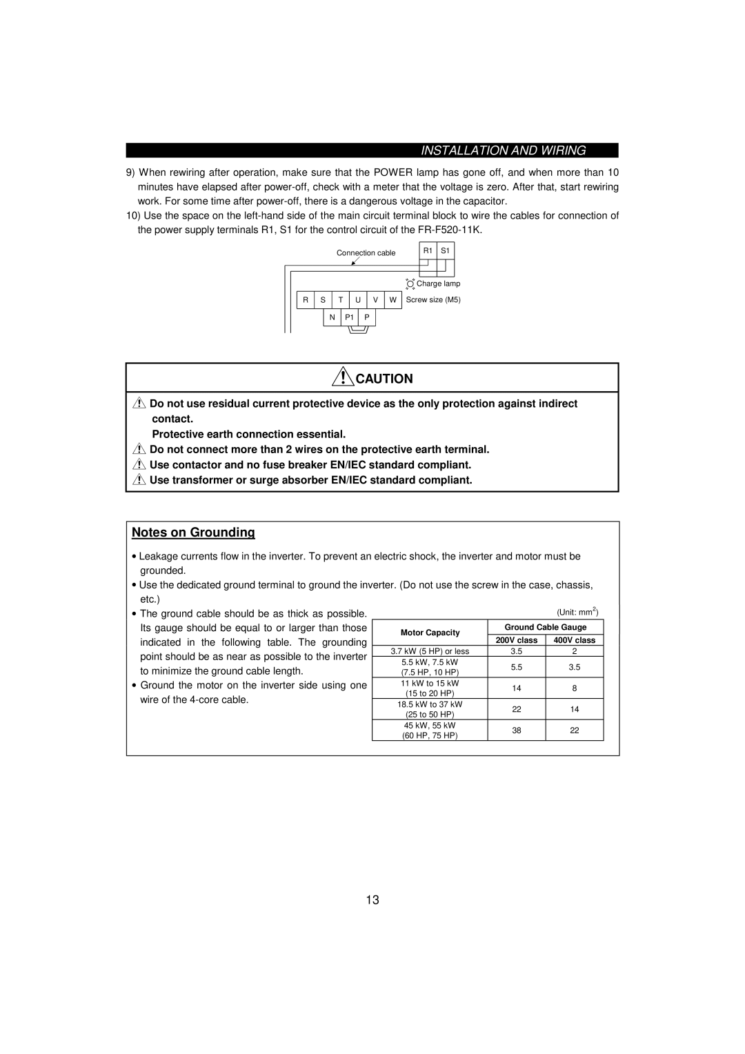 Mitsumi electronic 55K, FR-F520-0.75K instruction manual Motor Capacity Ground Cable Gauge 200V class 400V class 