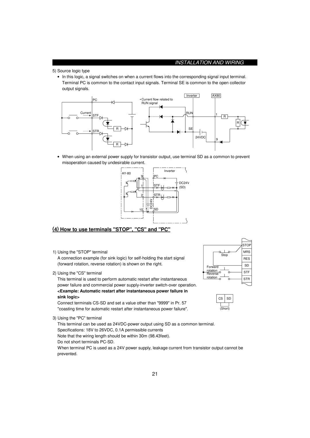 Mitsumi electronic 55K, FR-F520-0.75K instruction manual How to use terminals STOP, CS and PC 