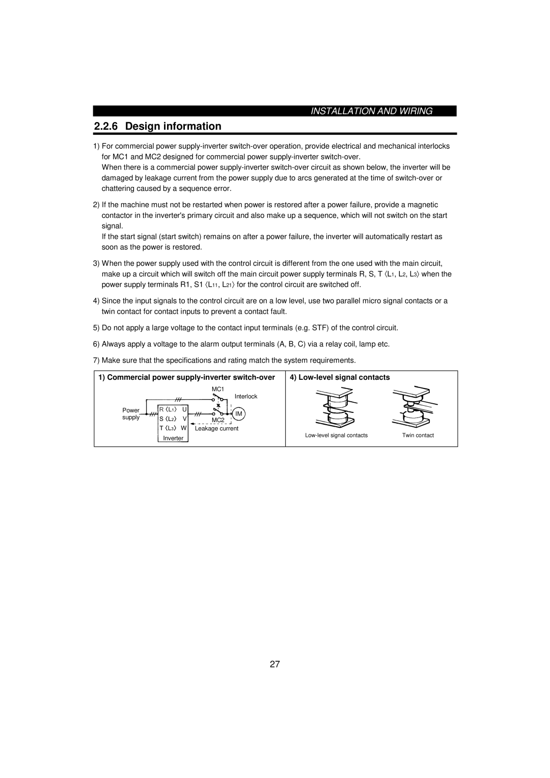 Mitsumi electronic 55K, FR-F520-0.75K instruction manual Design information, MC1, Interlock Power Supply MC2 Leakage current 