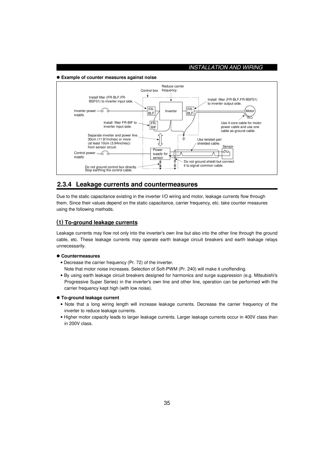 Mitsumi electronic 55K, FR-F520-0.75K Leakage currents and countermeasures, To-ground leakage currents, # Countermeasures 