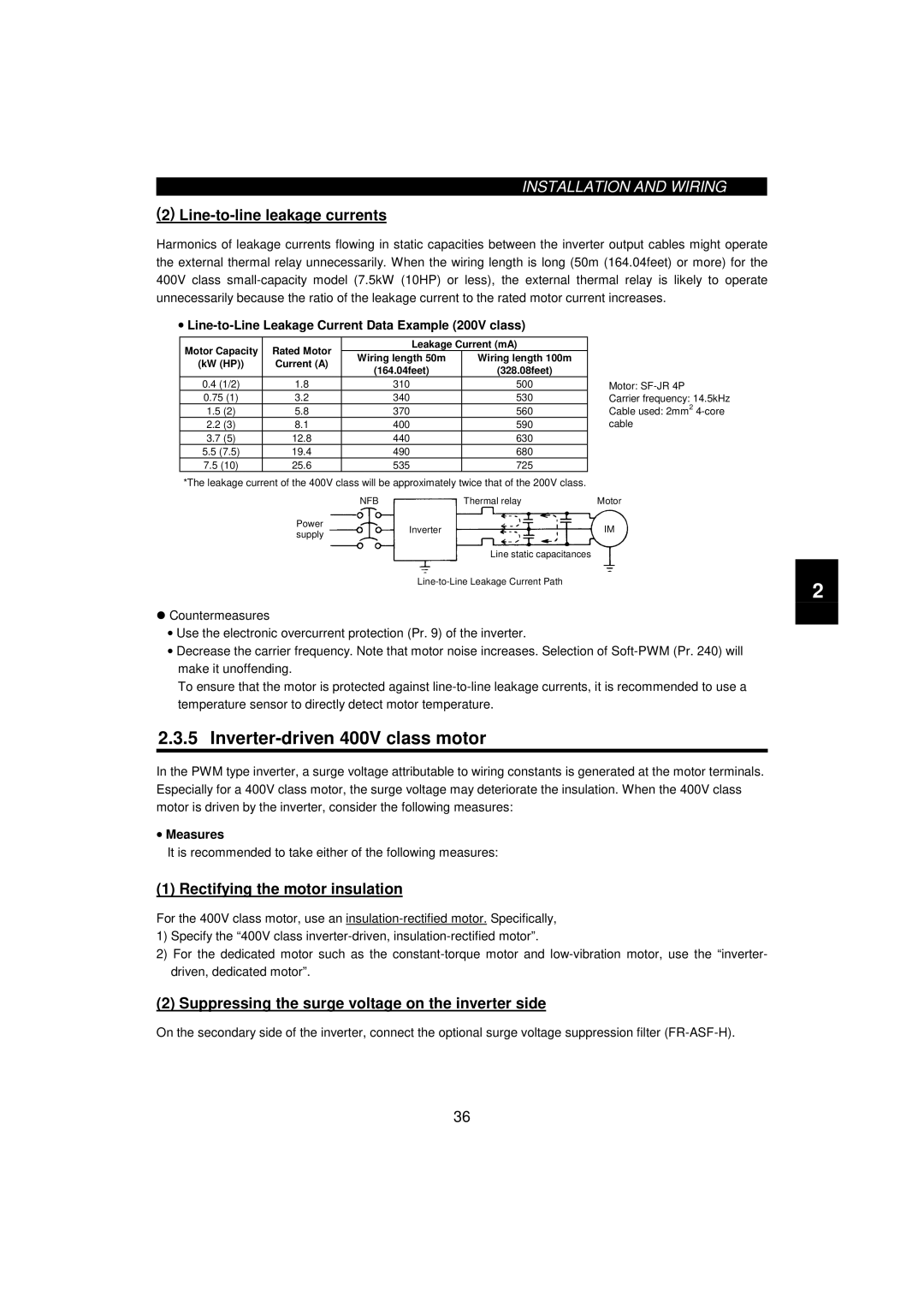 Mitsumi electronic FR-F520-0.75K, 55K instruction manual Inverter-driven 400V class motor, Line-to-line leakage currents 