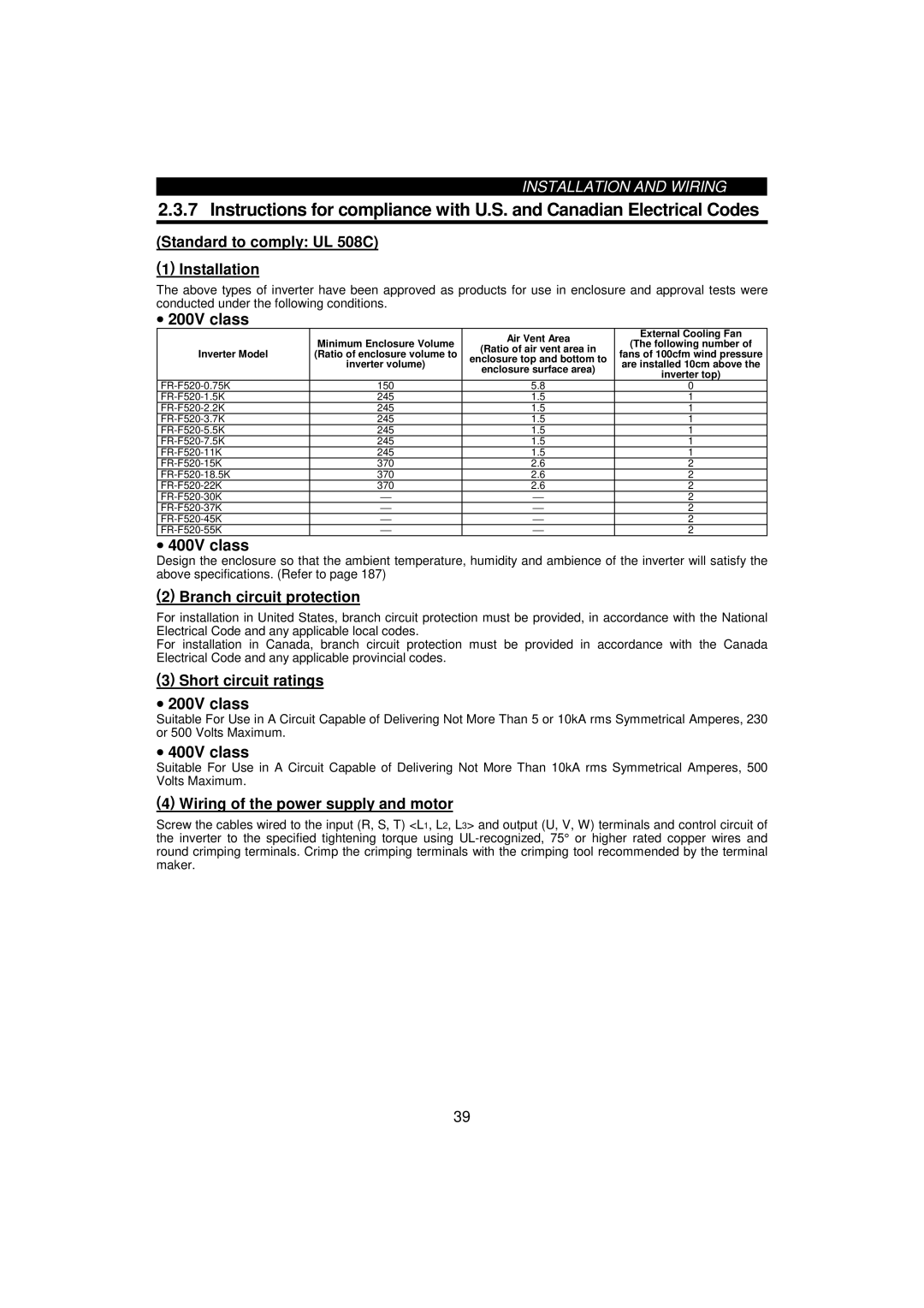 Mitsumi electronic 55K Standard to comply UL 508C 1 Installation, Branch circuit protection, Short circuit ratings 