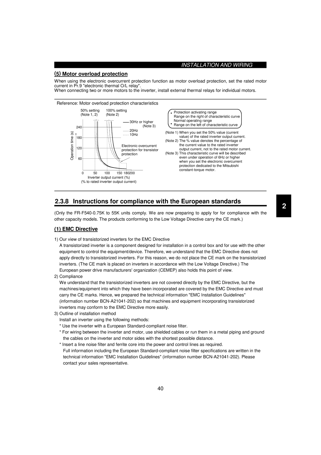 Mitsumi electronic FR-F520-0.75K, 55K Instructions for compliance with the European standards, Motor overload protection 