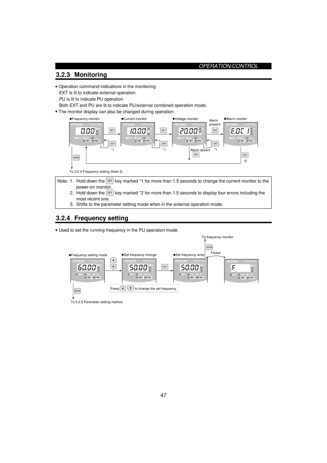 Mitsumi electronic FR-F520-0.75K Monitoring, Frequency setting, Used to set the running frequency in the PU operation mode 