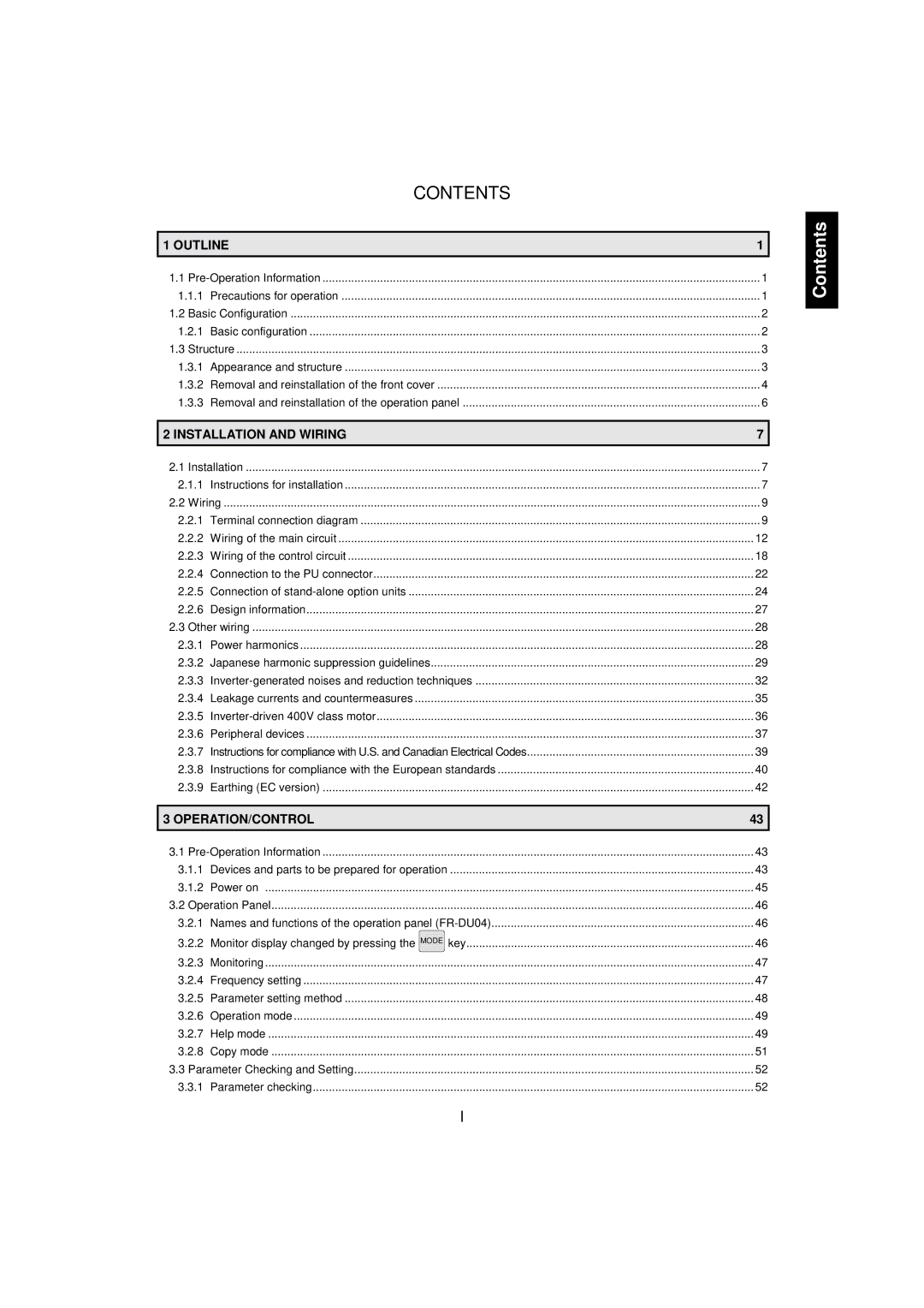 Mitsumi electronic 55K, FR-F520-0.75K instruction manual Contents 