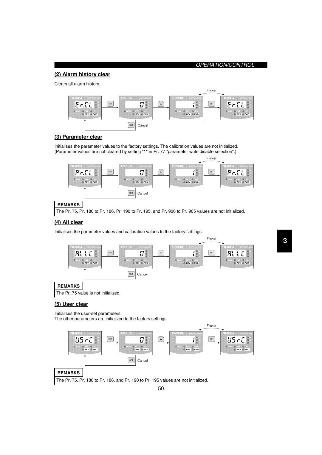 Mitsumi electronic 55K, FR-F520-0.75K instruction manual Alarm history clear, Parameter clear, All clear, User clear 