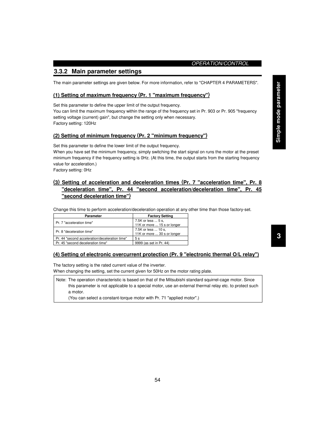 Mitsumi electronic 55K, FR-F520-0.75K Main parameter settings, Setting of maximum frequency Pr maximum frequency 