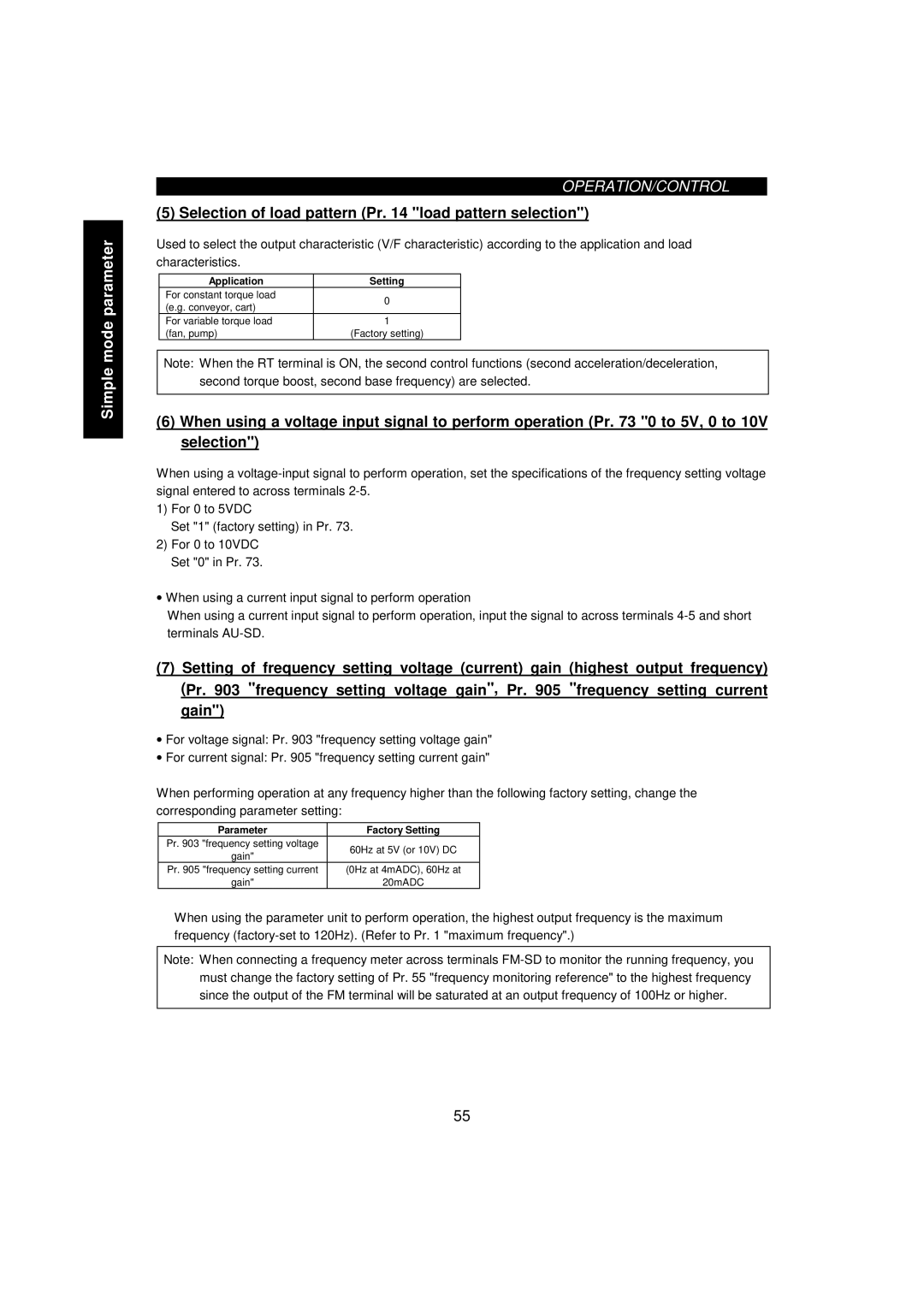 Mitsumi electronic FR-F520-0.75K, 55K Selection of load pattern Pr load pattern selection, Application Setting, Gain 