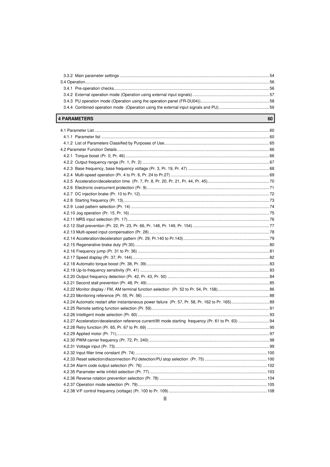 Mitsumi electronic FR-F520-0.75K, 55K instruction manual 100, 102, 103, 104, 105, 108 