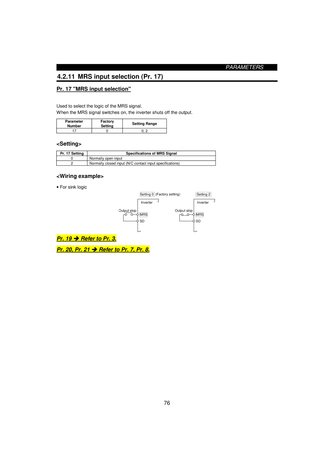 Mitsumi electronic FR-F520-0.75K, 55K MRS input selection Pr, Pr MRS input selection, Wiring example, For sink logic 