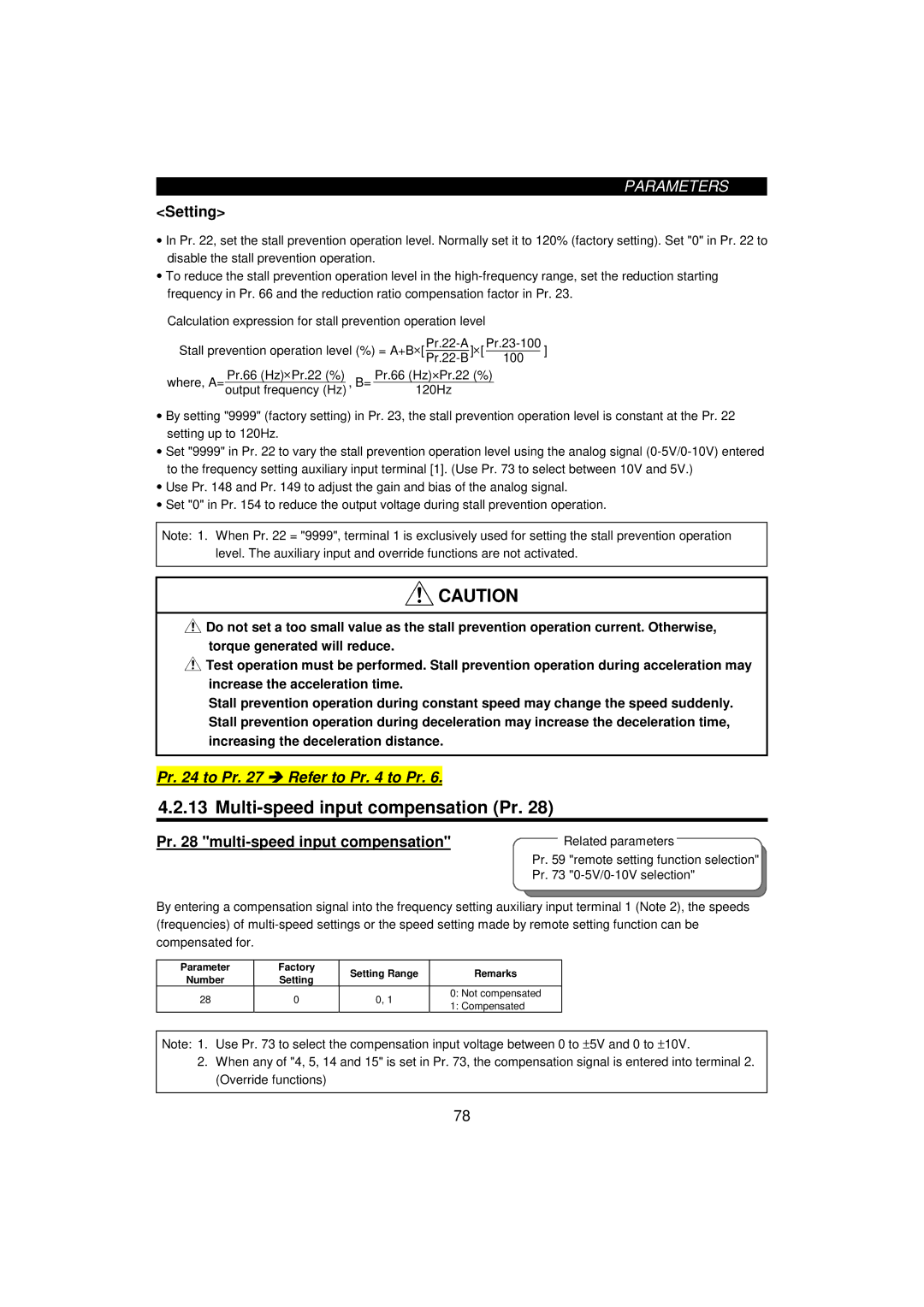 Mitsumi electronic FR-F520-0.75K Multi-speed input compensation Pr, Pr multi-speed input compensation, Not compensated 