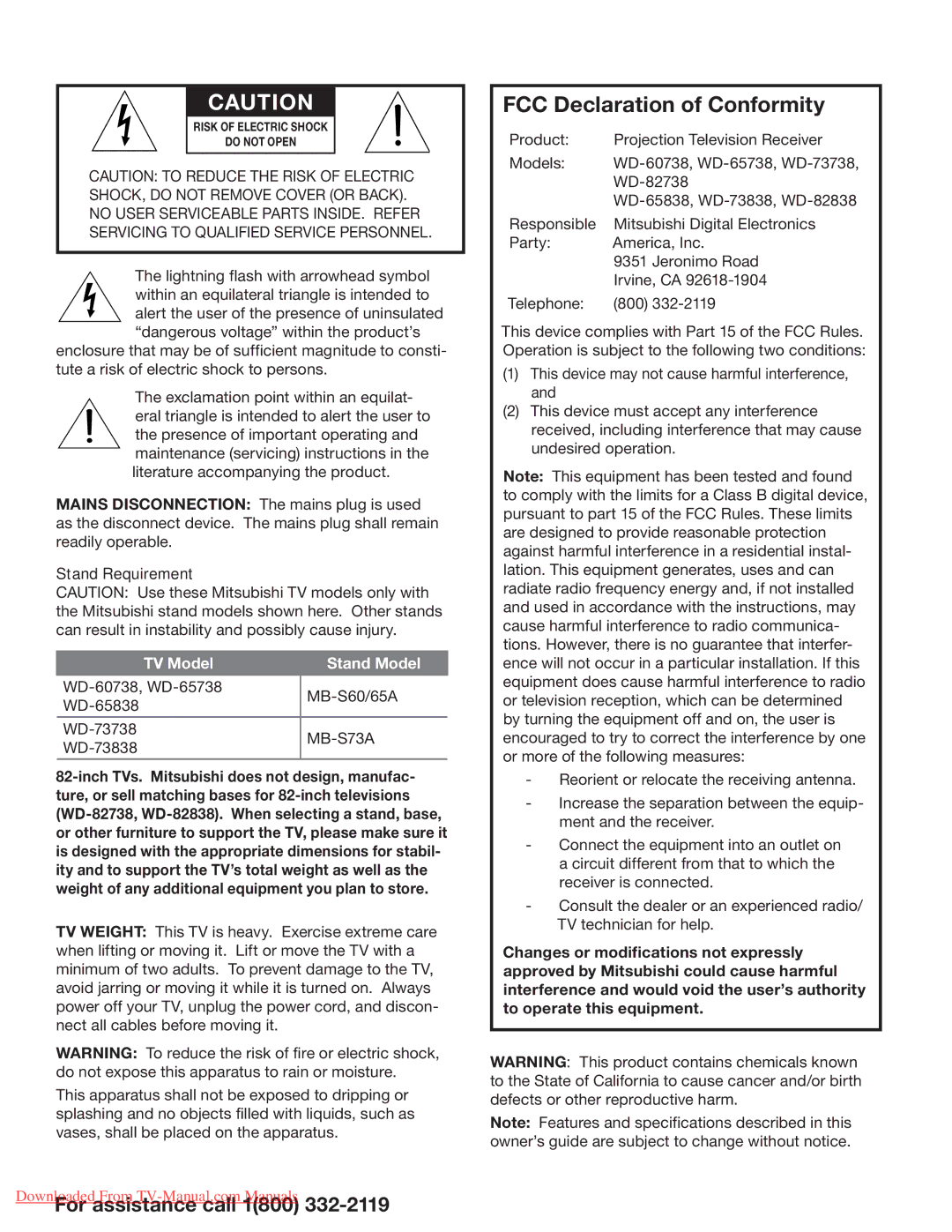 Mitsumi electronic 838 Series, 738 Series operating instructions Stand Requirement, TV Model Stand Model 