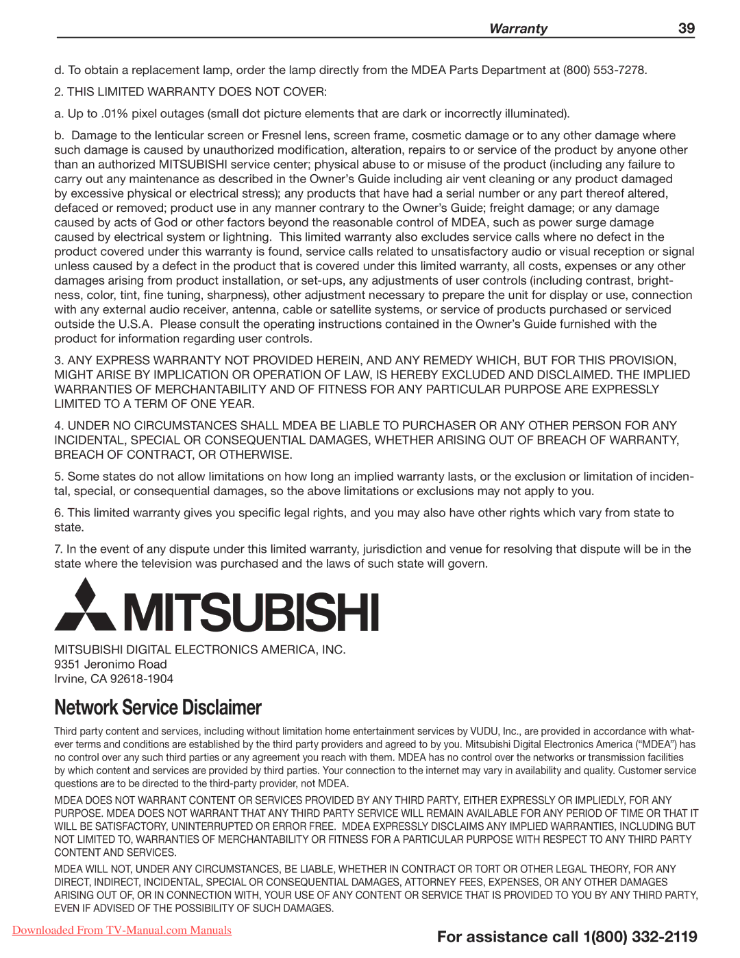 Mitsumi electronic 738 Series, 838 Series operating instructions Network Service Disclaimer 