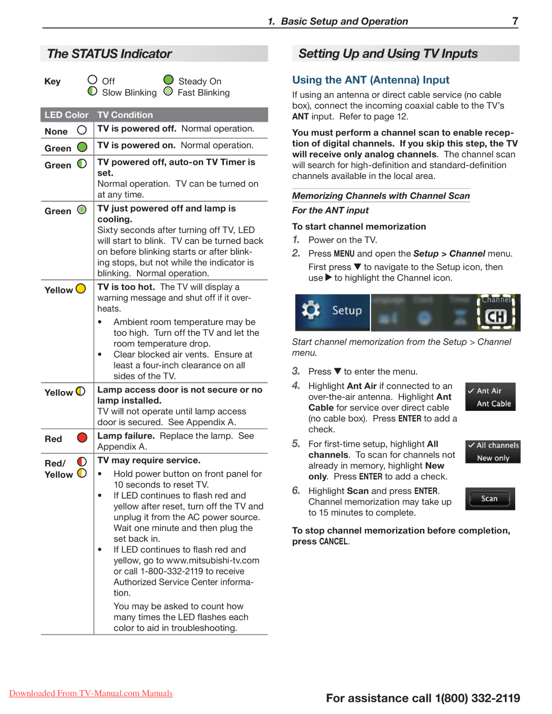 Mitsumi electronic 738 Series, 838 Series Status Indicator, Setting Up and Using TV Inputs, Using the ANT Antenna Input 