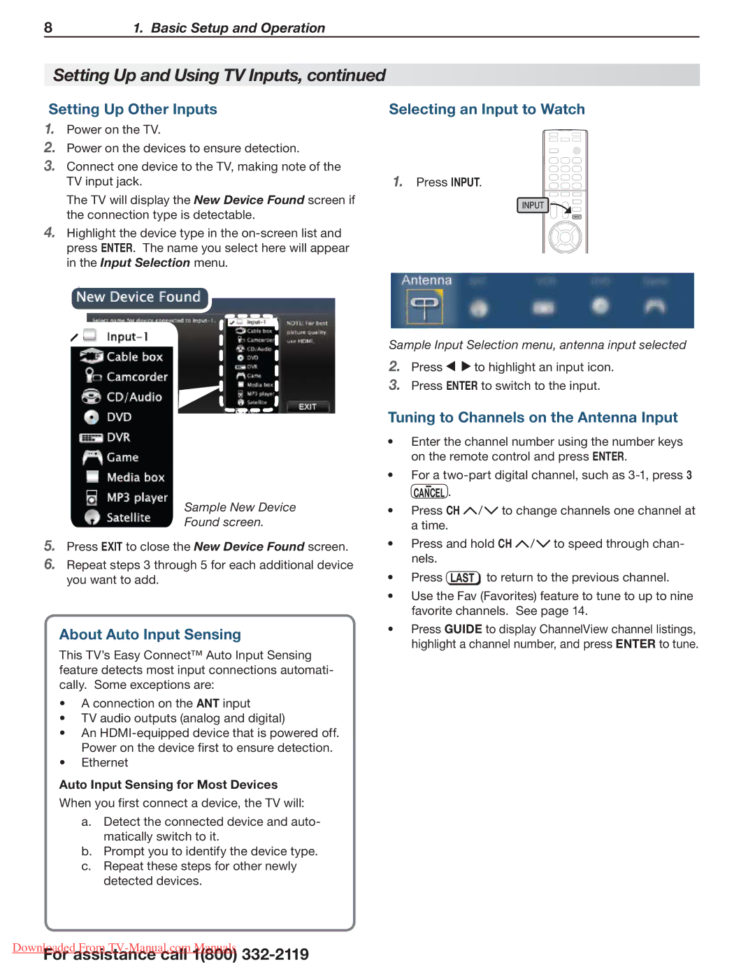 Mitsumi electronic 838 Series, 738 Series Setting Up Other Inputs Selecting an Input to Watch, Input Selection menu 