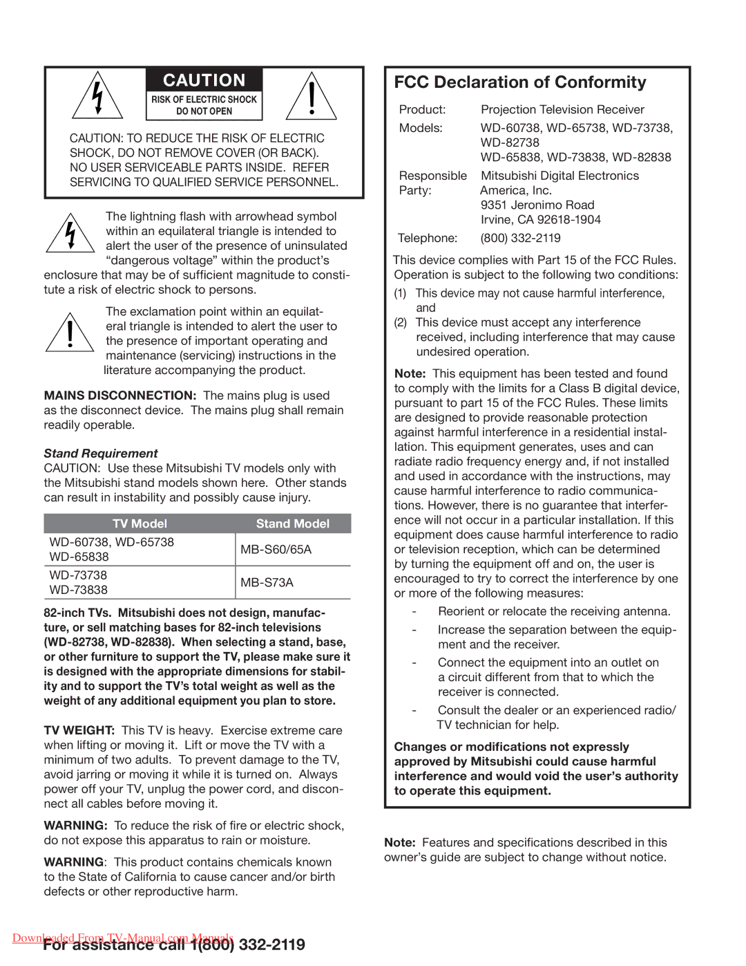 Mitsumi electronic 838 Series, 738 Series manual Stand Requirement, TV Model Stand Model 