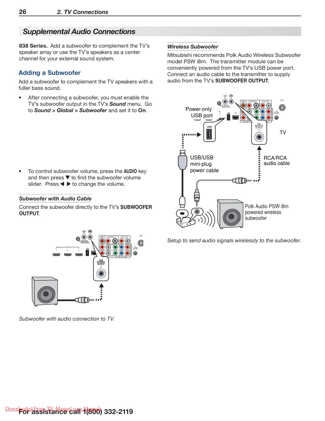 Mitsumi electronic 838 Series, 738 Series manual Supplemental Audio Connections, Adding a Subwoofer, Wireless Subwoofer 