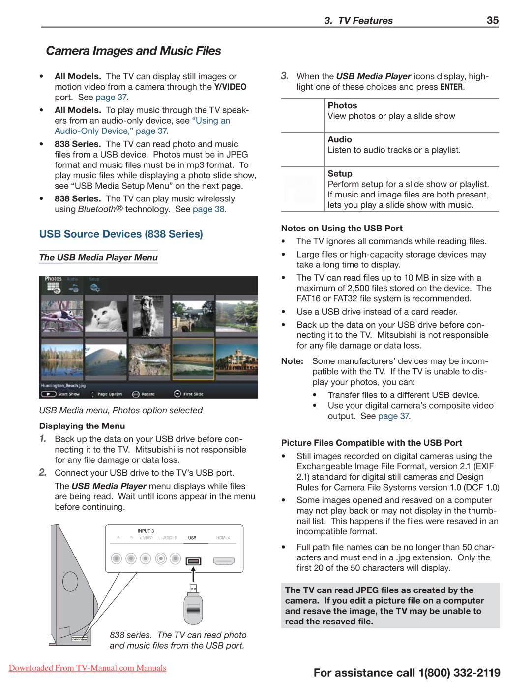 Mitsumi electronic 738 Series manual Camera Images and Music Files, USB Source Devices 838 Series, USB Media Player Menu 