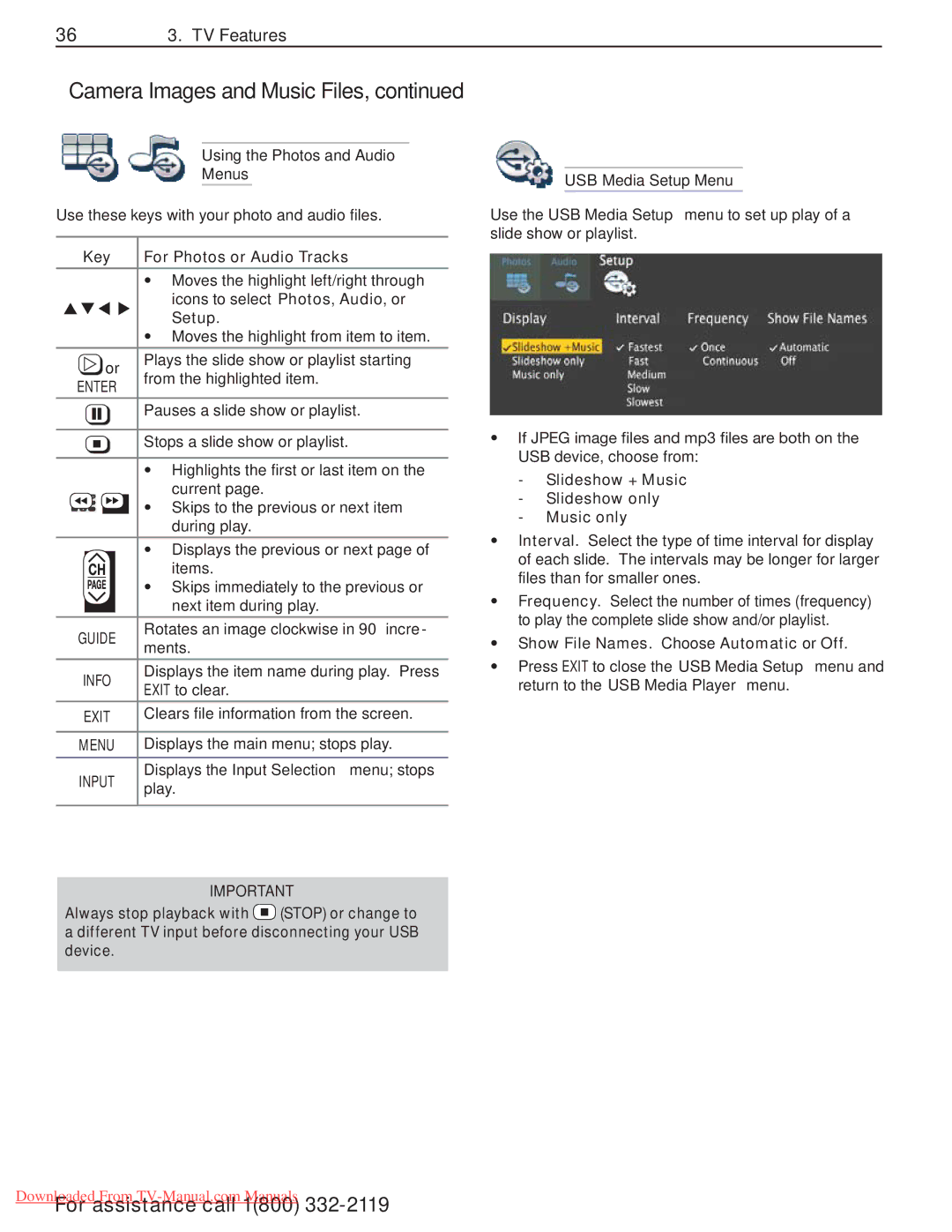 Mitsumi electronic 838 Series manual Using the Photos and Audio Menus, Key For Photos or Audio Tracks, USB Media Setup Menu 