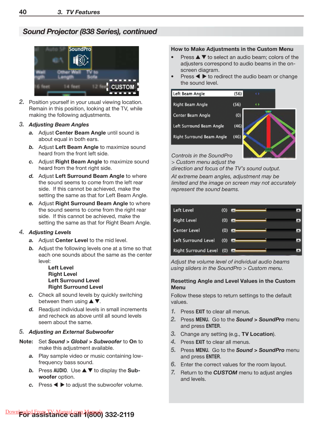 Mitsumi electronic 838 Series, 738 Series manual Adjusting Beam Angles, Adjusting Levels, Adjusting an External Subwoofer 