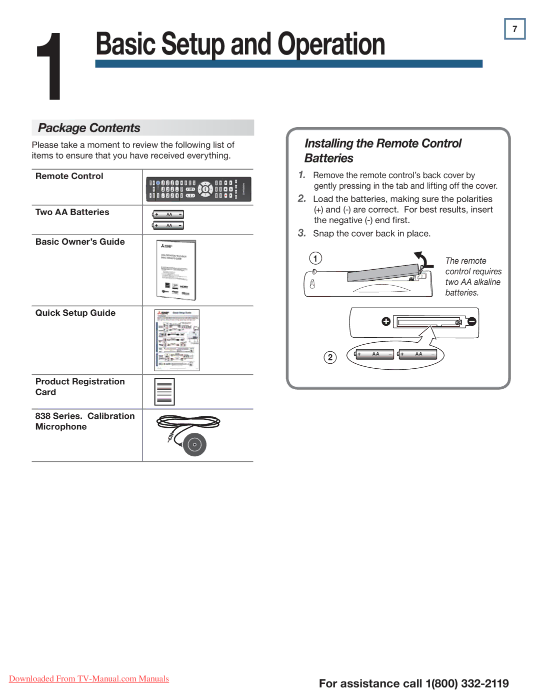 Mitsumi electronic 738 Series, 838 Series manual Package Contents, Installing the Remote Control Batteries 