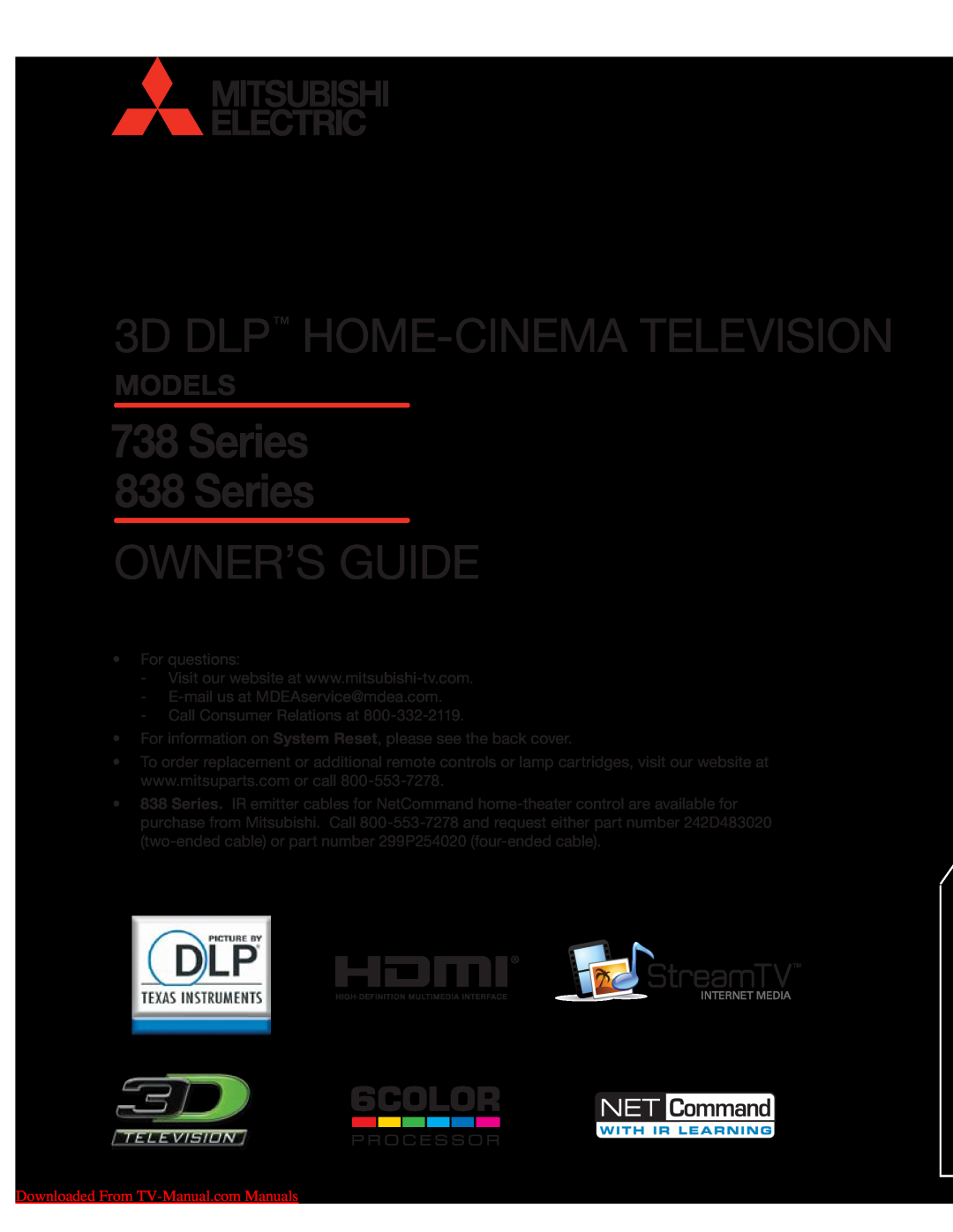 Mitsumi electronic 738 Series manual Models, 3D DLP HOME-CINEMATELEVISION, 738Series 838 Series, Owner’S Guide 