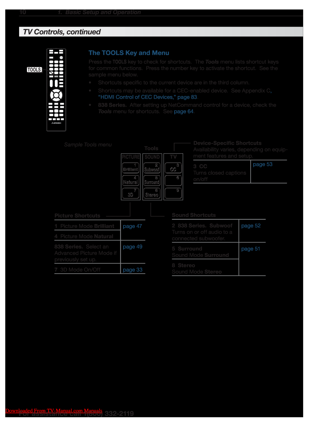 Mitsumi electronic 838 Series TV Controls, continued, The TOOLS Key and Menu, Basic Setup and Operation, Sample Tools menu 