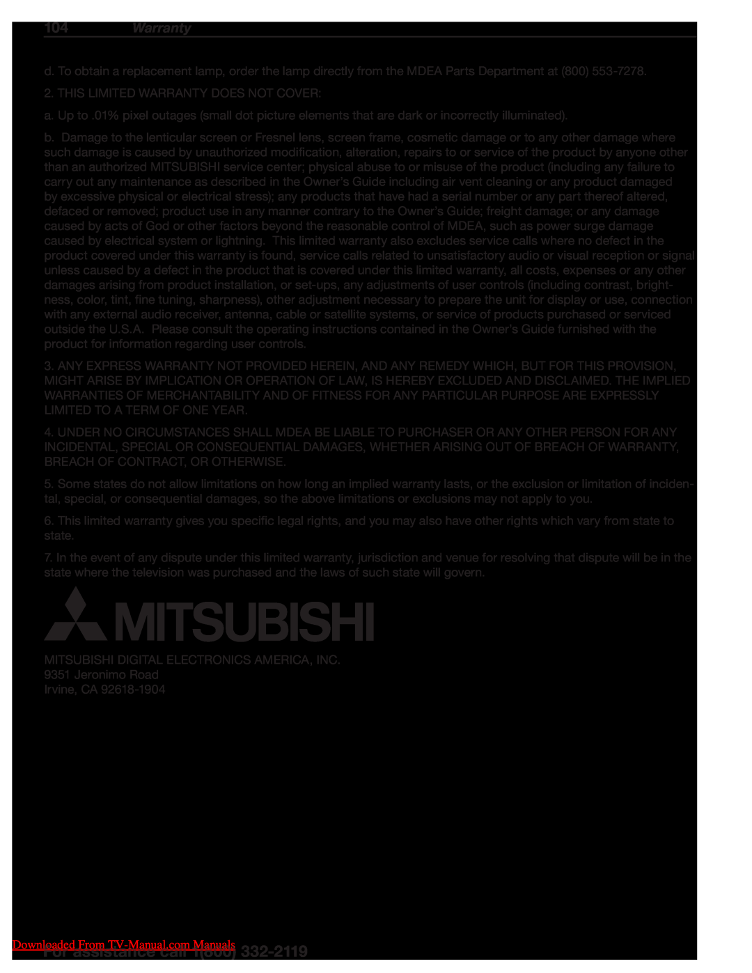 Mitsumi electronic 838 Series, 738 Series manual 104Warranty 