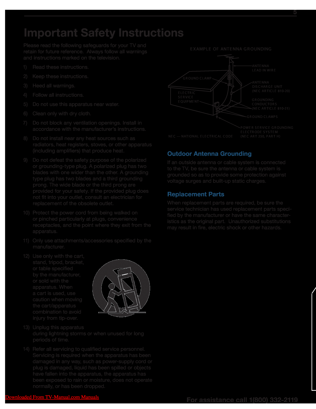 Mitsumi electronic 738 Series manual Important Safety Instructions, For assistance call 1800, Outdoor Antenna Grounding 