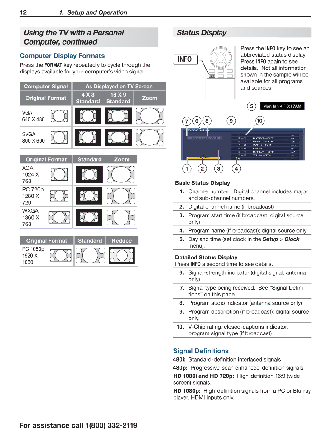 Mitsumi electronic C10 SERIES manual Using the TV with a Personal Computer, Status Display, Computer Display Formats, Vga 