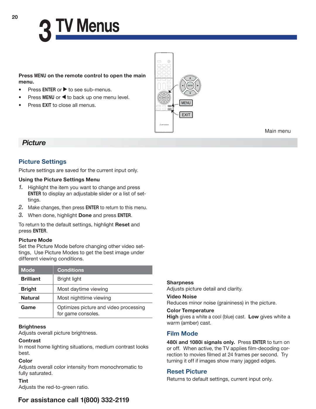 Mitsumi electronic C10 SERIES manual Picture Settings, Film Mode, Reset Picture 