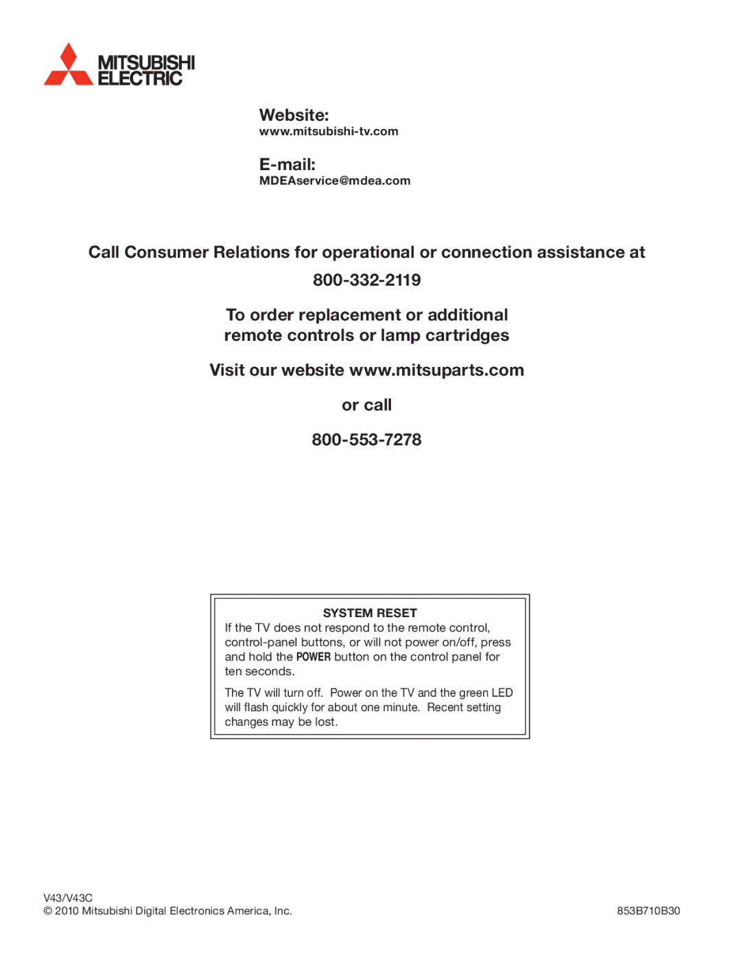 Mitsumi electronic C10 SERIES manual MDEAservice@mdea.com, System Reset 