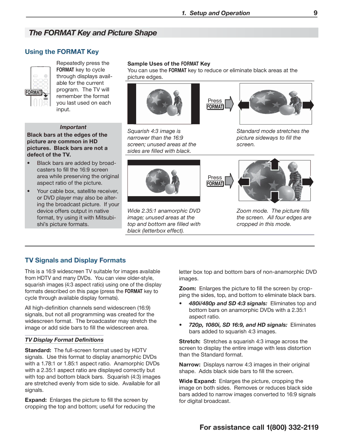 Mitsumi electronic C10 SERIES manual Format Key and Picture Shape, Using the Format Key, TV Signals and Display Formats 