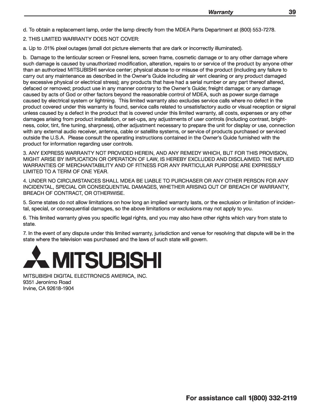 Mitsumi electronic C10 SERIES manual Warranty39, For assistance call 