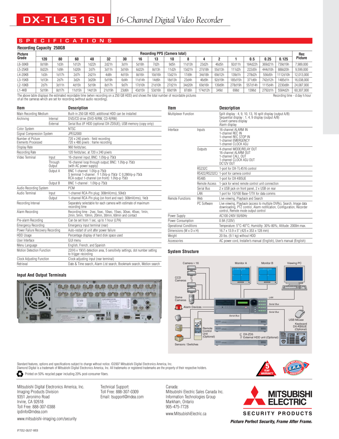 Mitsumi electronic DX-TL4516U D X - T L 4 5 1 6 U, Channel Digital Video Recorder, S P E C I F I C A T I O N S, 250GB 
