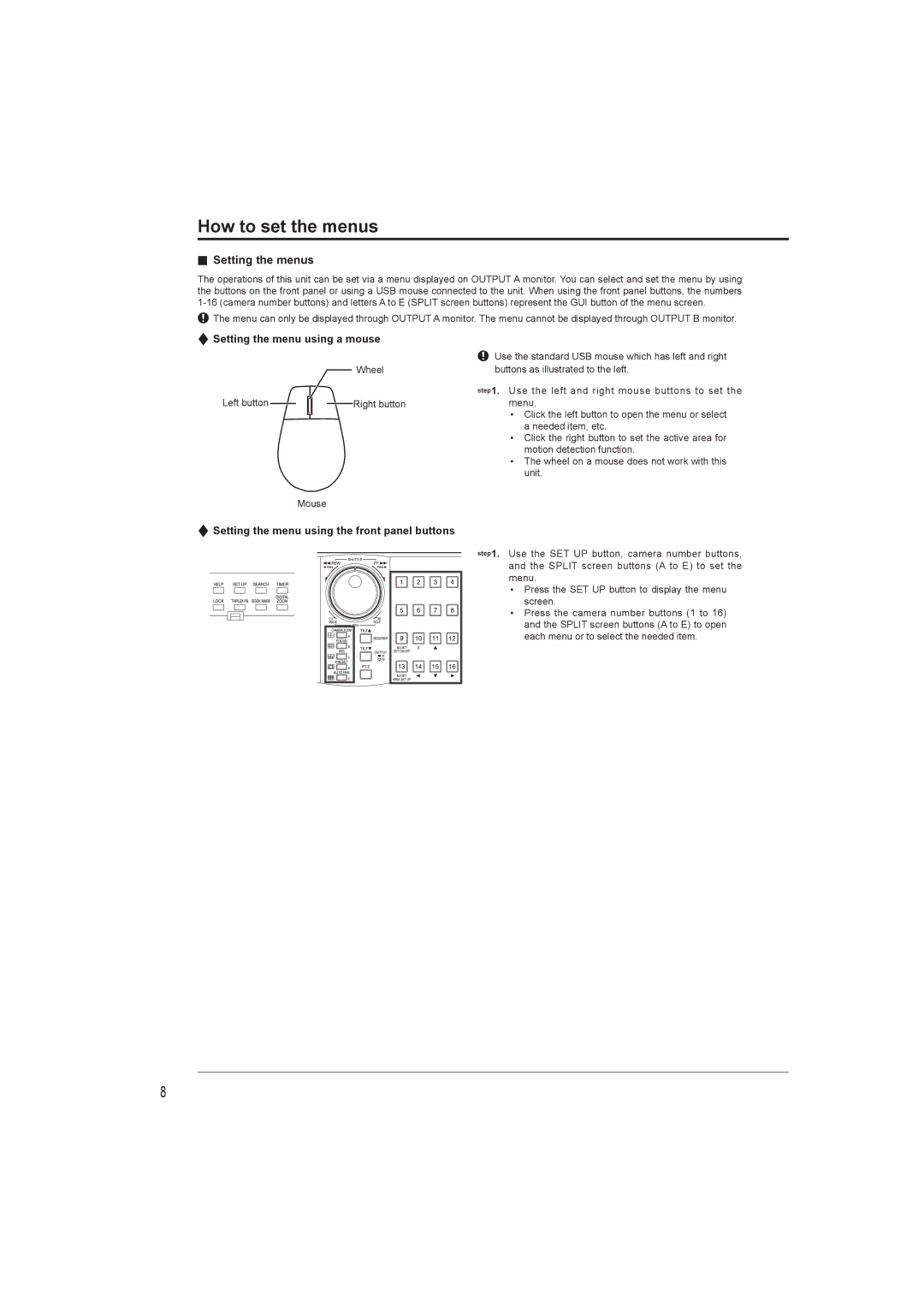 Mitsumi electronic DX-TL4716U instruction manual How to set the menus, Setting the menus, Setting the menu using a mouse 