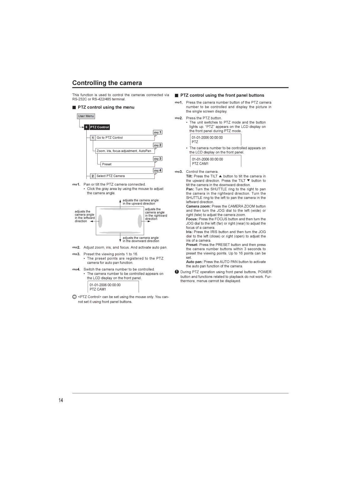 Mitsumi electronic DX-TL4716U instruction manual Controlling the camera, PTZ control using the menu 