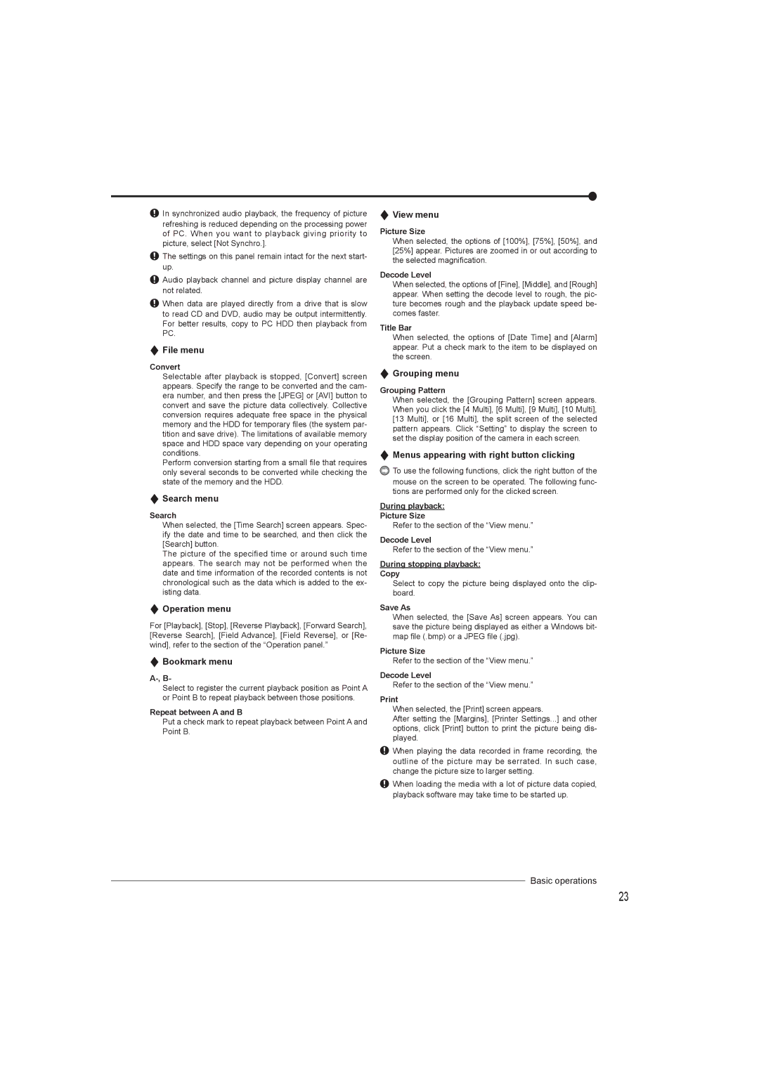 Mitsumi electronic DX-TL4716U File menu, Search menu, Operation menu, Bookmark menu, View menu, Grouping menu 