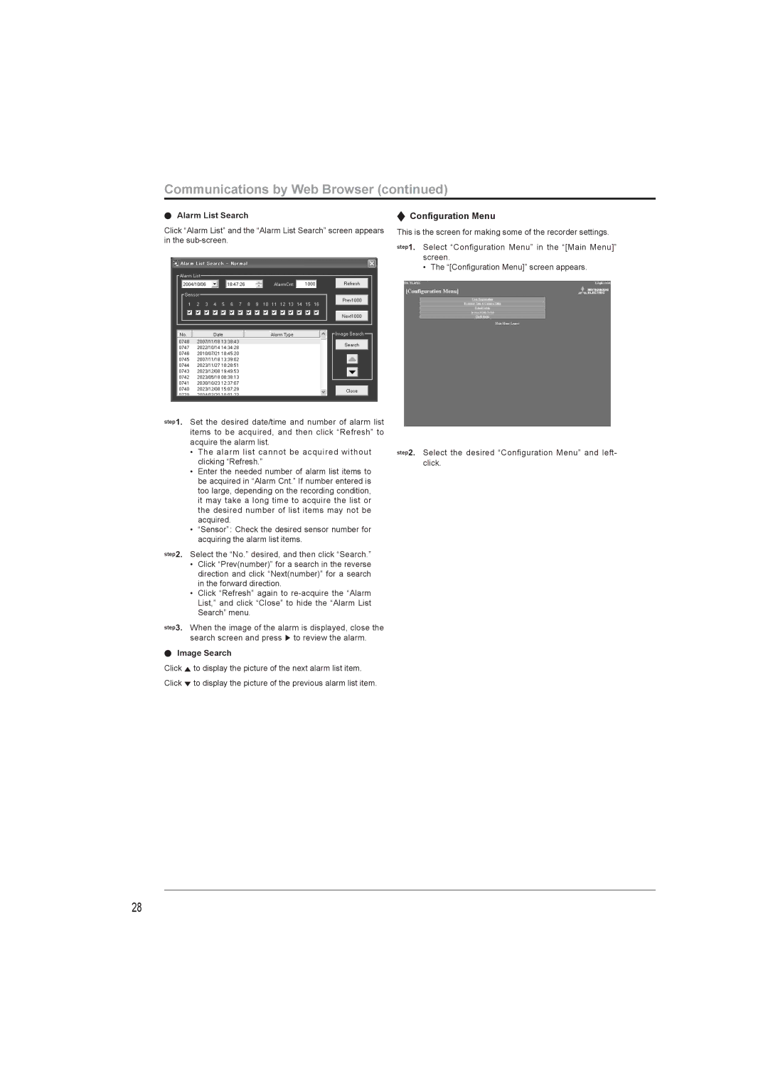 Mitsumi electronic DX-TL4716U instruction manual Conﬁguration Menu, Alarm List Search, Image Search 