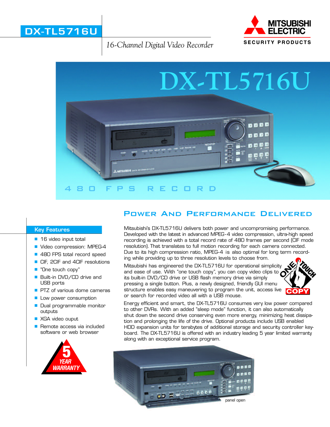 Mitsumi electronic DX-TL5716U warranty DX-T L5 716U, 4 8 0 FP S RECORD, Power And Performance Delivered, Key Features 