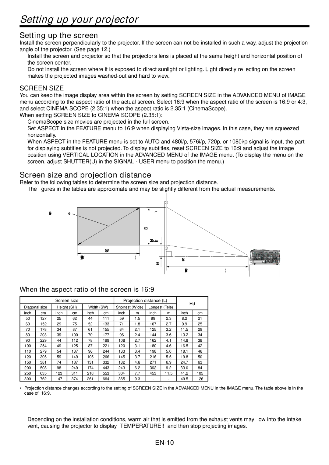 Mitsumi electronic HC3200 user manual Setting up your projector, Setting up the screen, Screen size and projection distance 