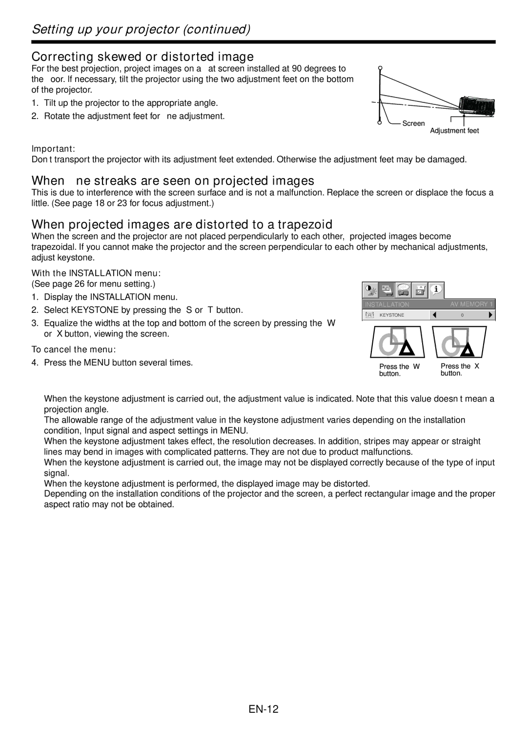 Mitsumi electronic HC3200 user manual Correcting skewed or distorted image, When fine streaks are seen on projected images 