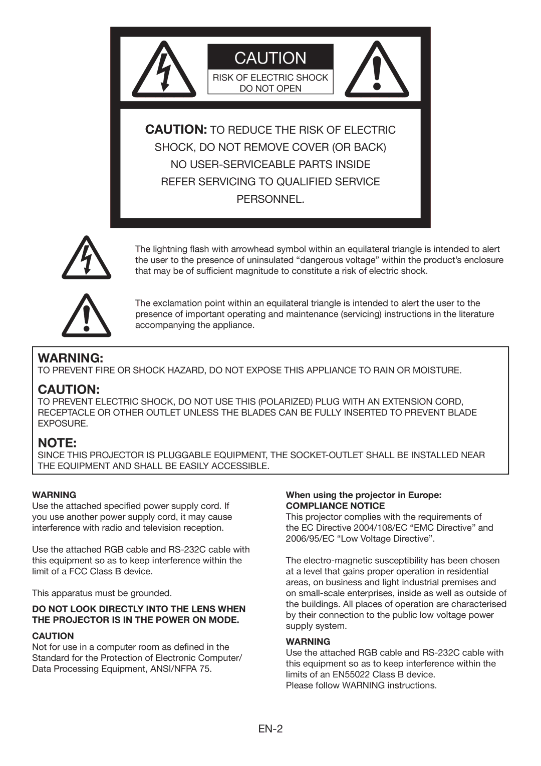 Mitsumi electronic HC6500 user manual Risk of Electric Shock Do not Open, When using the projector in Europe 